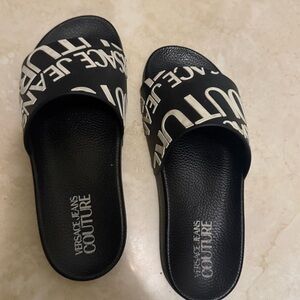 Versace Jeans Collection Black and White Logo Slide Sandals